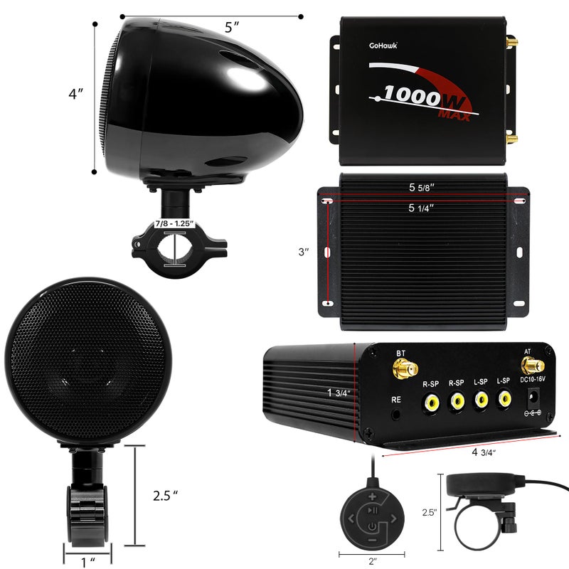 GoHawk سماعات دراجة نارية GoHawk بلوتوث 4 بوصة نظام صوتي راديو مقاوم للماء ومكبر صوت 1000 واط AUX USB SD راديو FM، ممتاز للاستخدام مع ATV / الدراجات النارية، مركبات 12 فولت - Image 4
